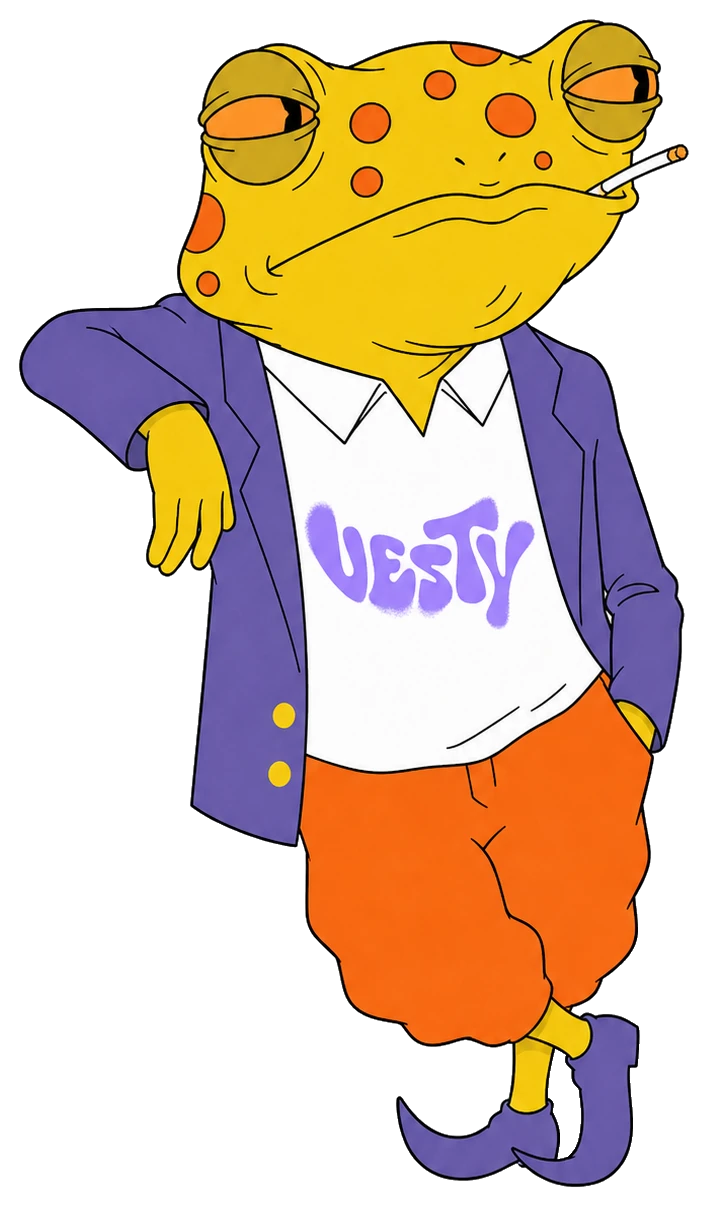 La mascotte VESTY appoggiata con aria sicura